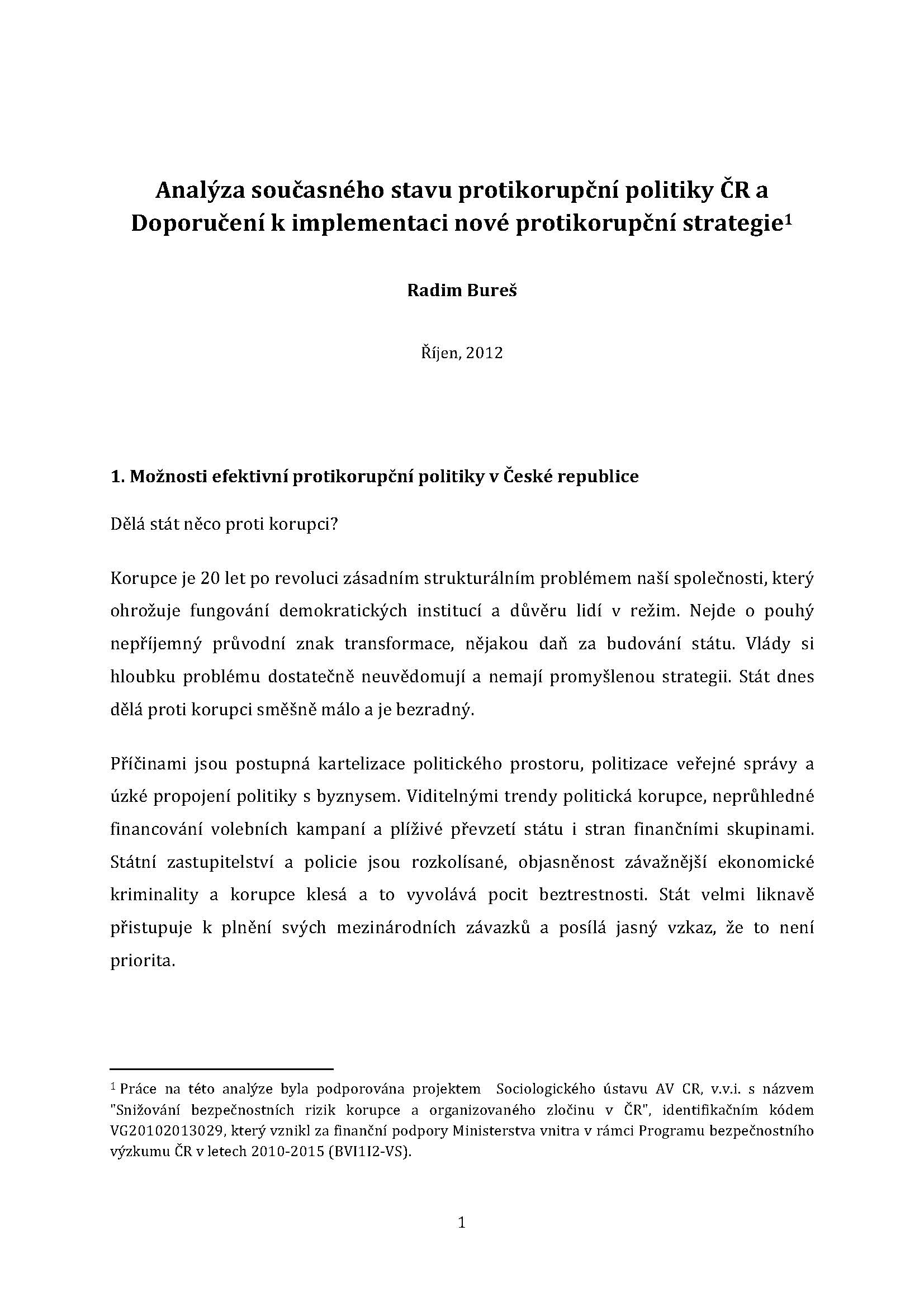 Analýza současného stavu protikorupční politiky ČR a doporučení k implementaci nové protikorupční strategie