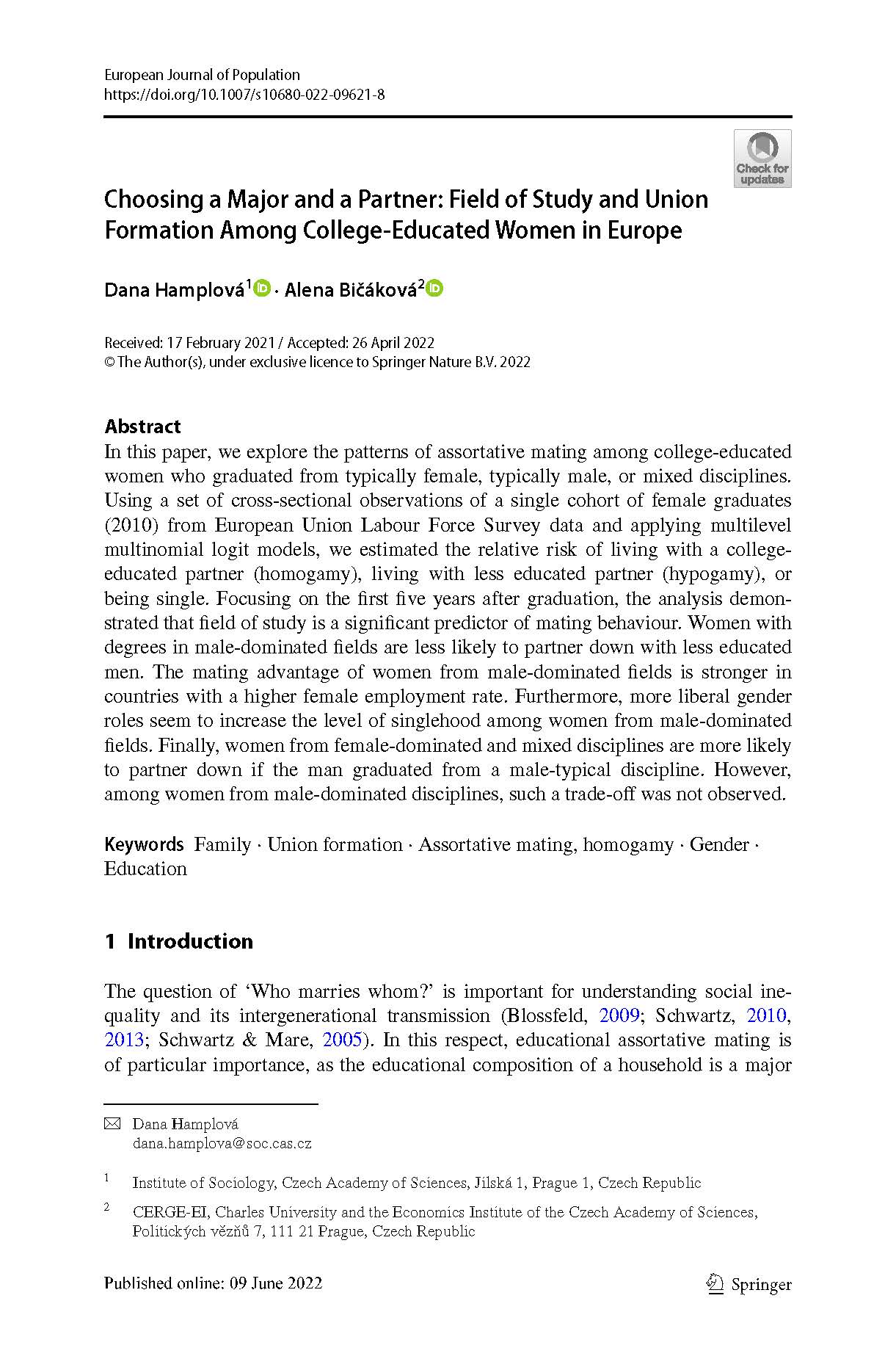 Choosing a Major and a Partner: Field of Study and Union Formation Among College-Educated Women in Europe