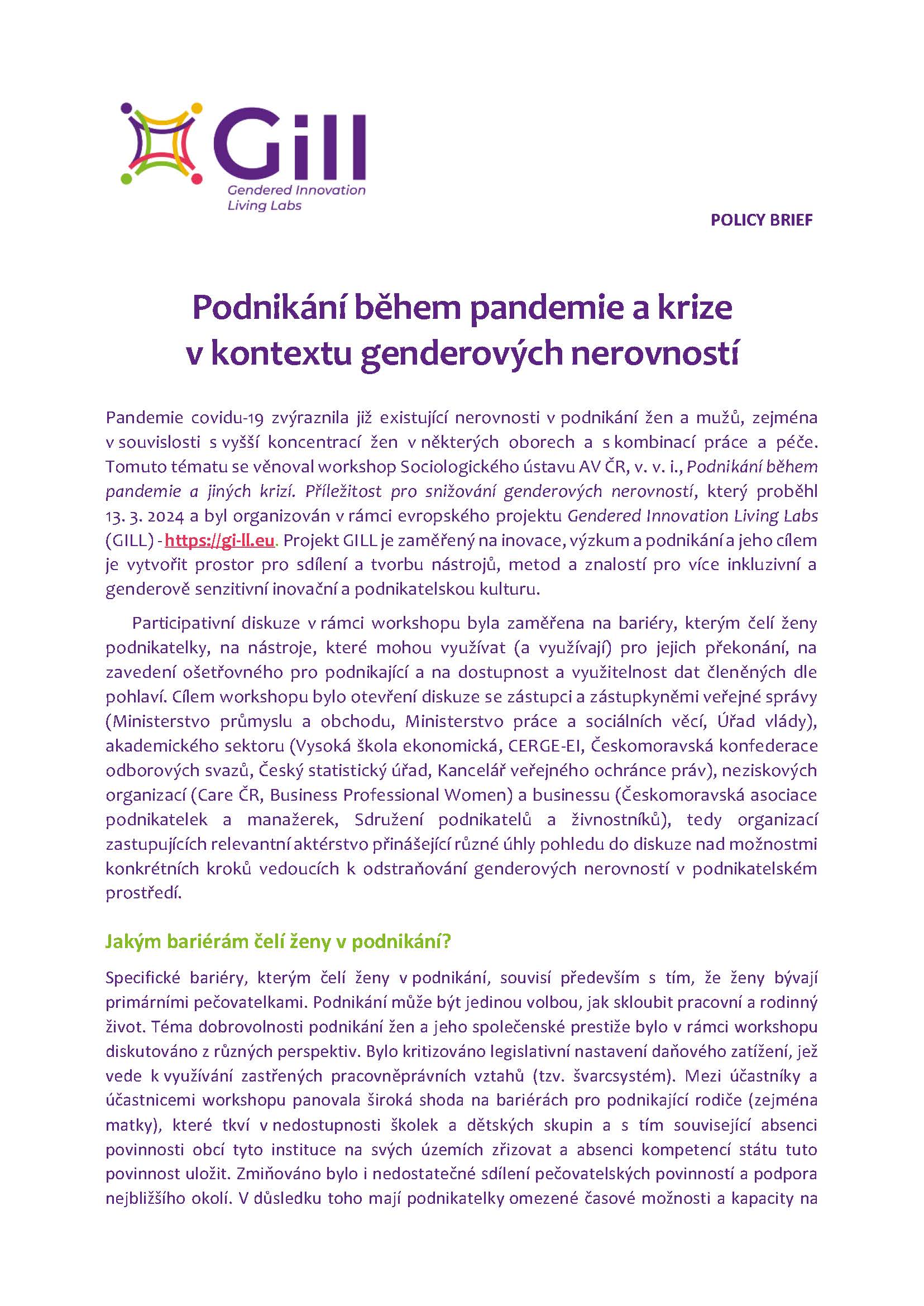 Podnikání během pandemie a krize v kontextu genderových nerovností