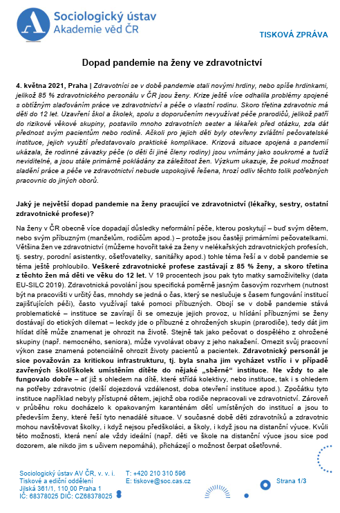 Dopad pandemie na ženy ve zdravotnictví