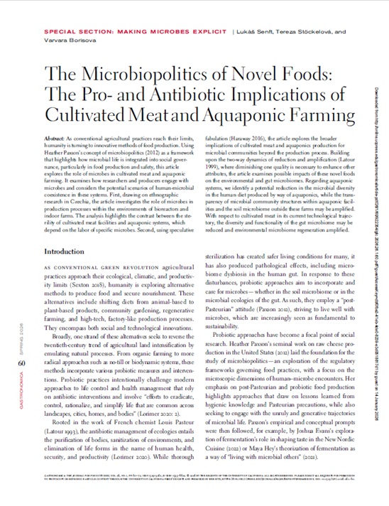 The Microbiopolitics of Novel Foods: The Pro- and Antibiotic Implications of Cultivated Meat and Aquaponic Farming