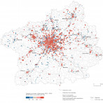 Figure 5.3: Change in number of foreigners in individualised scalable neighbourhoods at k = 200 level in Prague and Central Bohemian Region 2012-2018.
